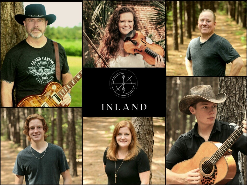 An arrangement of six photos of musicians, the country music band, Inland.