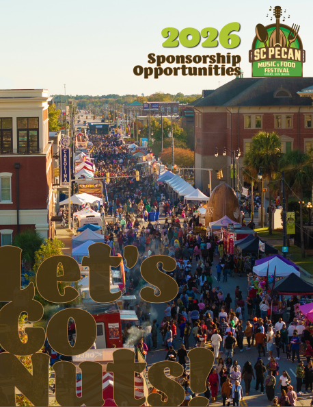 Sponsorship book cover featuring a street and 50,00 attendees at the SC pecan festival